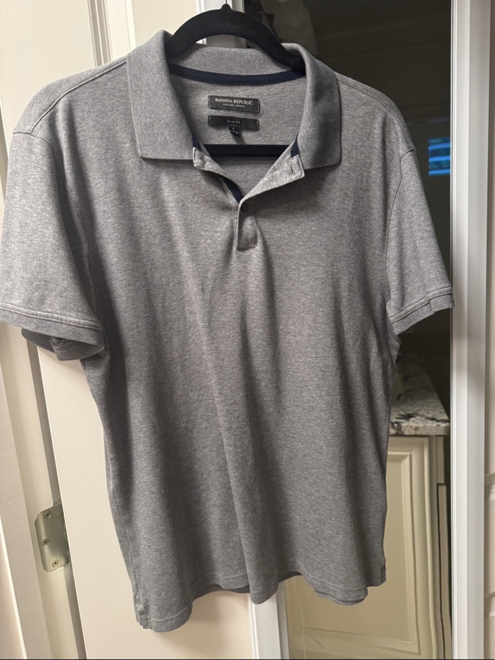 Banana Republic Men's L slim fit luxury  touch Heather Gray Polo with black trim